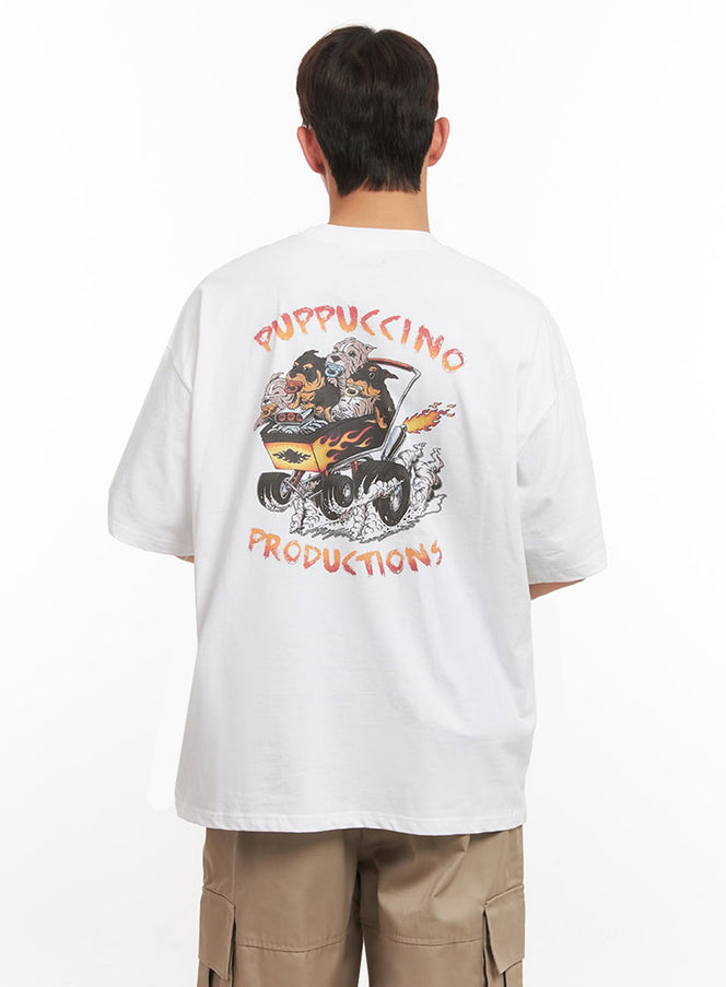 Men's Logo Oversized T-Shirt IF517 in white, back view on model showing full Puppuccino Productions graphic print with dogs in hot rod car, paired with beige cargo pants.