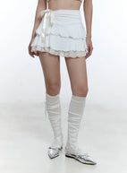 Lace Trim Ribbon Mini Skirt CU527 - Korean Women's Fashion | LEWKIN