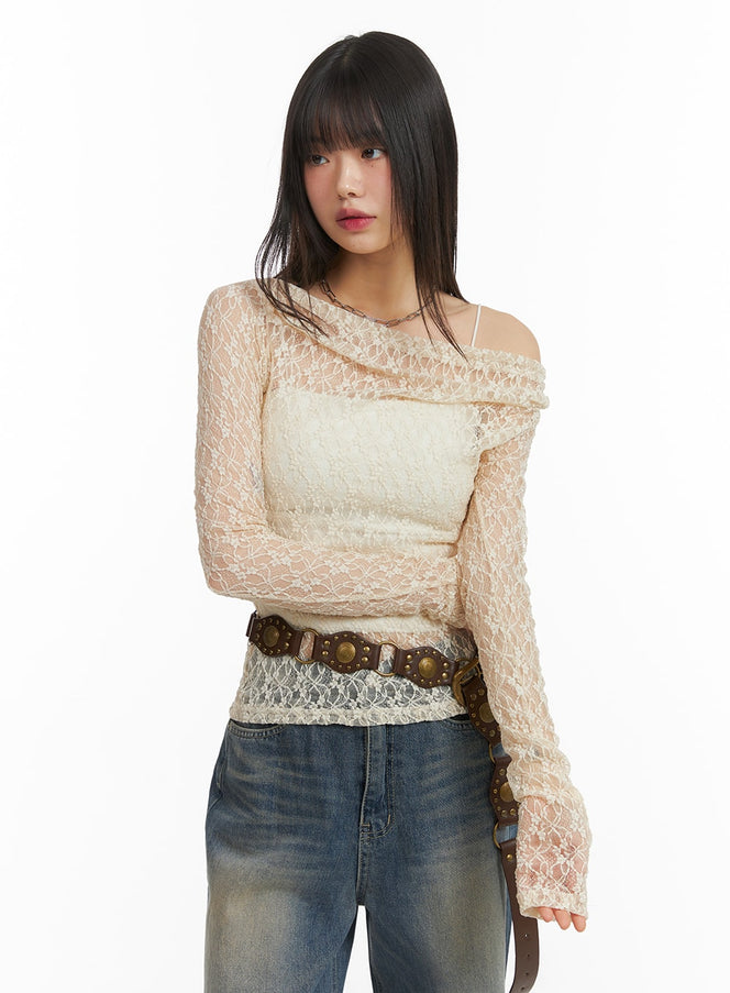 Lace Asymmetrical Floral Lace Long Sleeve Top CJ415 - Korean 