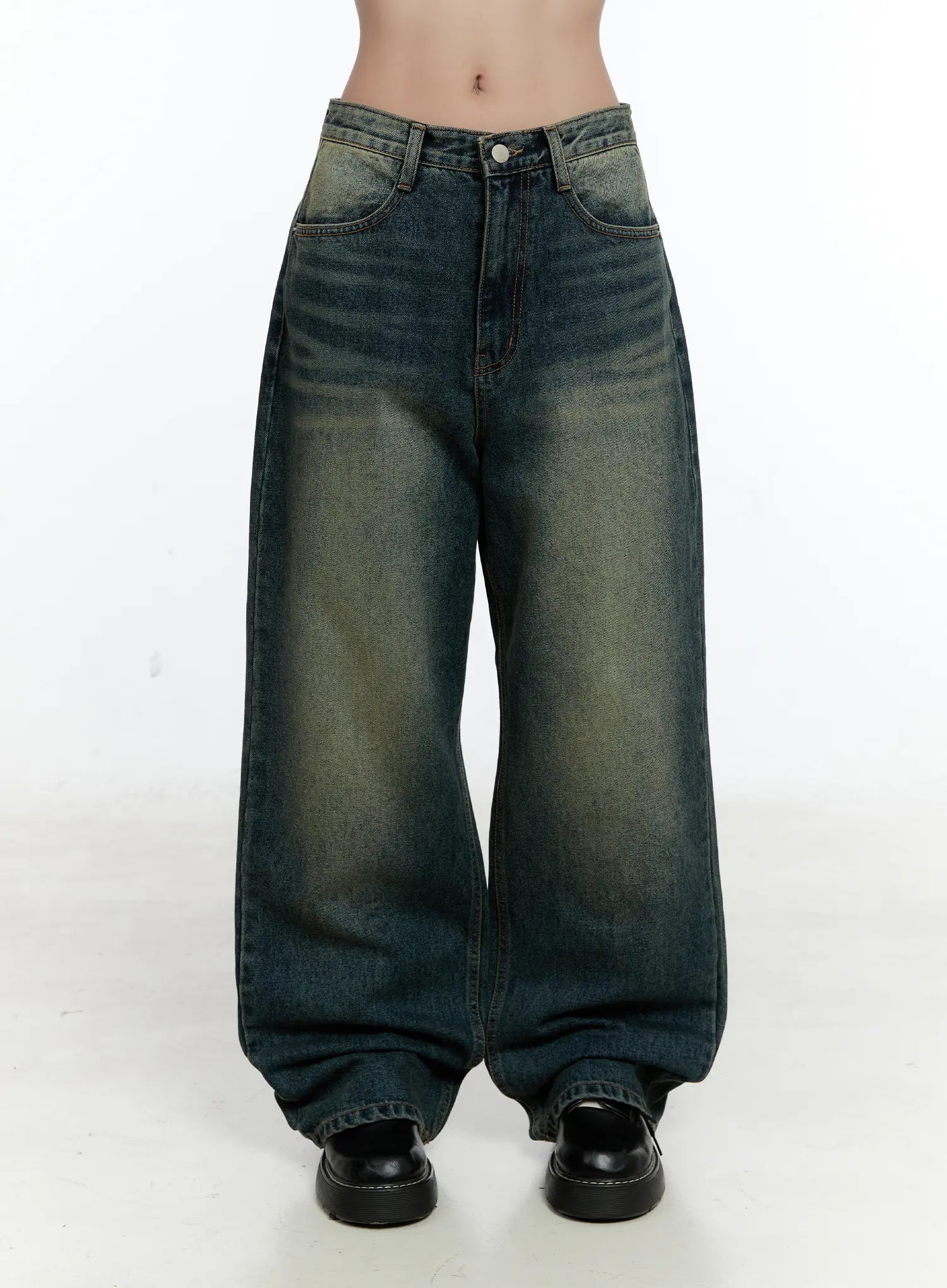 Lilian Vintage Wash Wide-Leg Jeans CS518 in vintage blue-green, front full-length on model, wide-leg silhouette pooling at ankle, paired with black loafers.