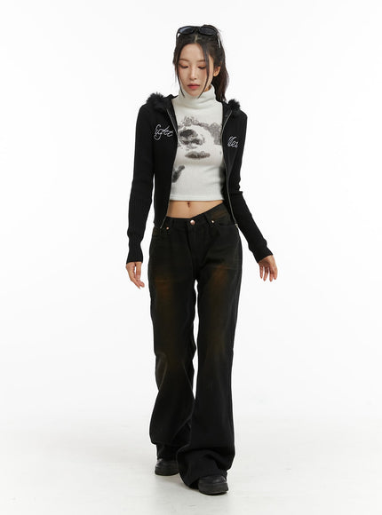 Zip-Up Lettering Hooded Crop Knit Top CD314