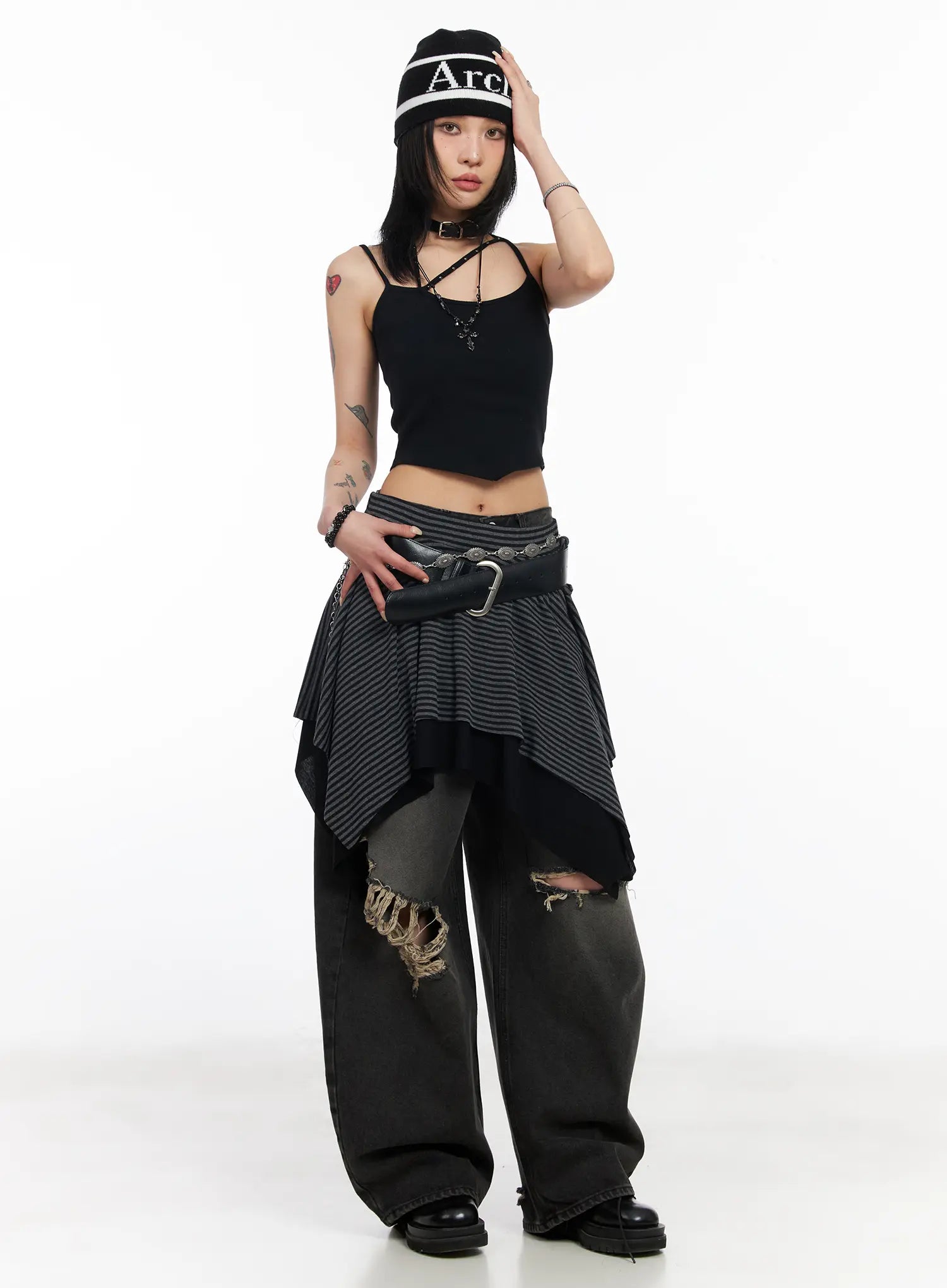 striped-asymmetric-flare-skirt-cd1202