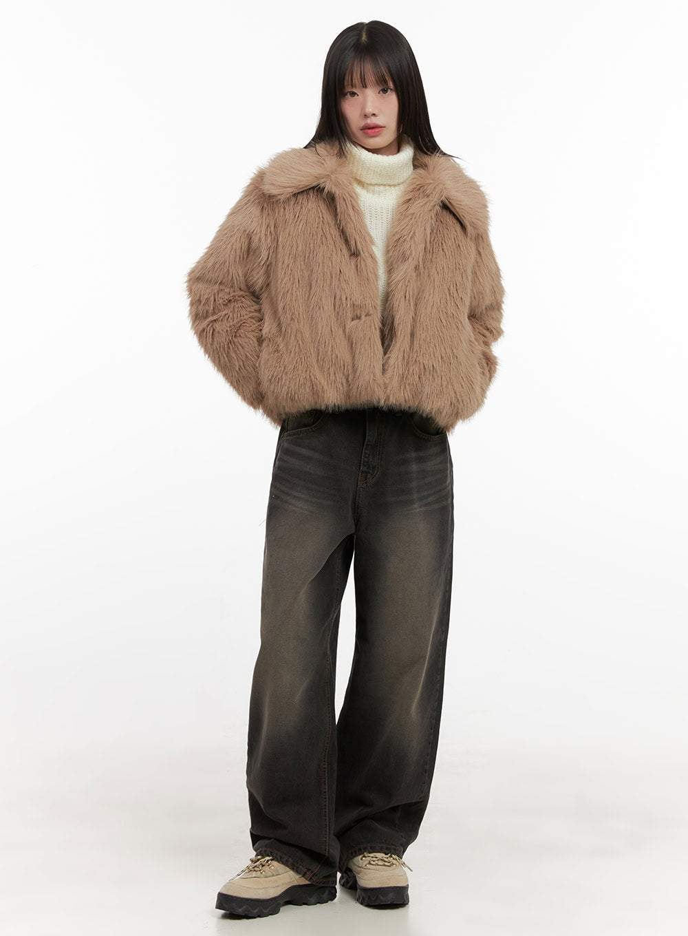 Celina Washed Baggy Wide-Leg Jeans CD426 in black, full-body front shot on model, oversized washed denim with wide-leg silhouette, styled with beige faux-fur cropped jacket and turtleneck.
