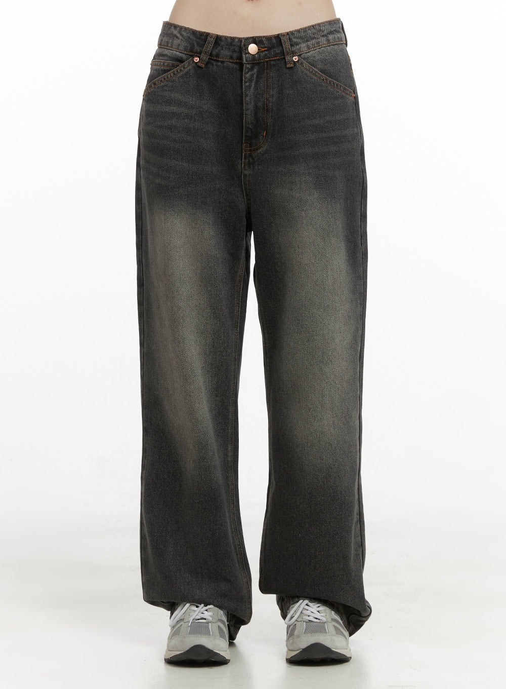 Mandy Washed Cotton Wide Leg Jeans OO401 in dark gray, cropped front close-up on model, low-rise waistband with copper-tone stitching and button detail, wide leg silhouette, paired with sneakers.