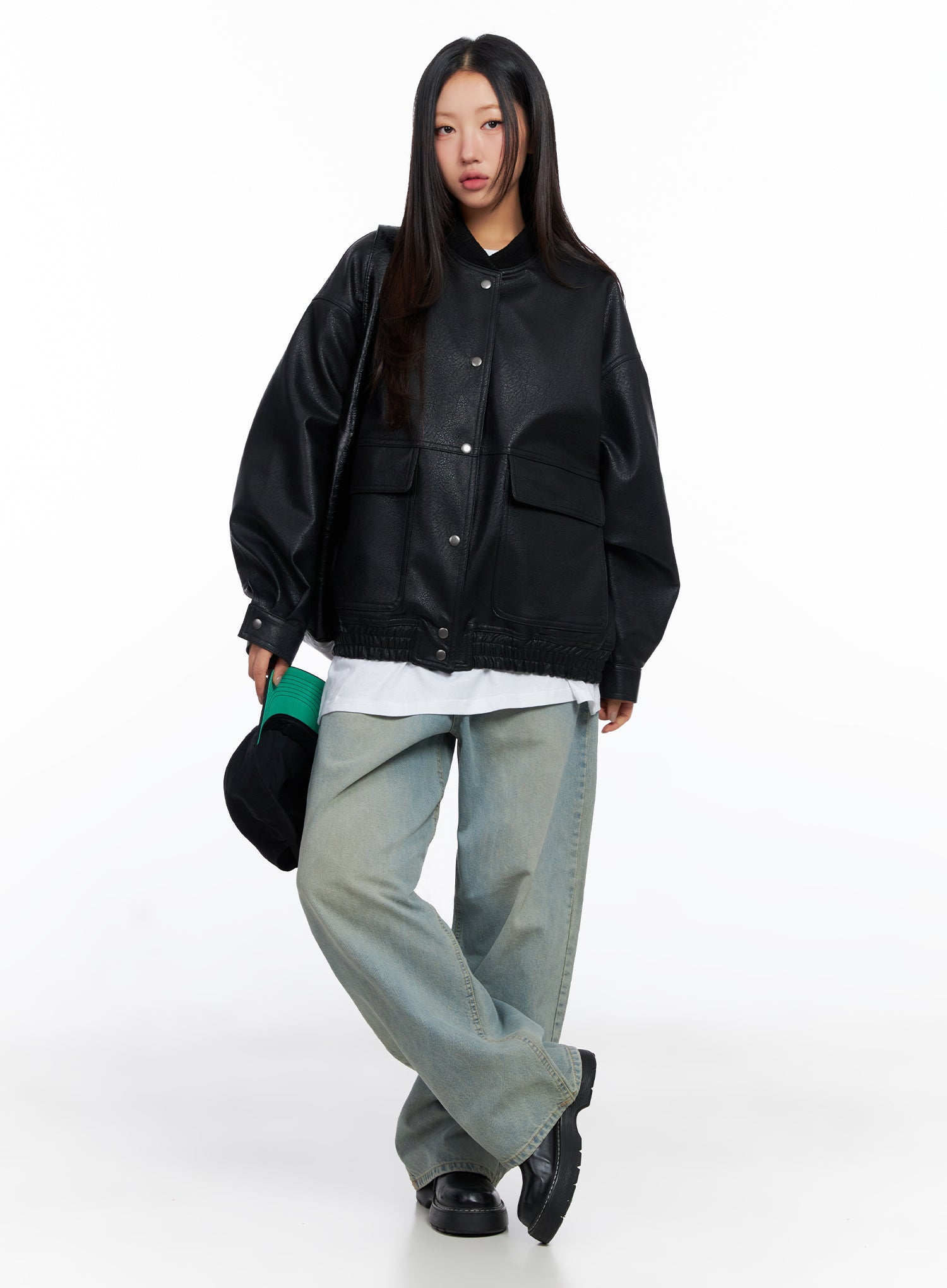 Remi Washed Baggy Jeans CO515 in light blue, full-body front styling shot, model wearing black faux-leather bomber and loafers, casual acubi look.