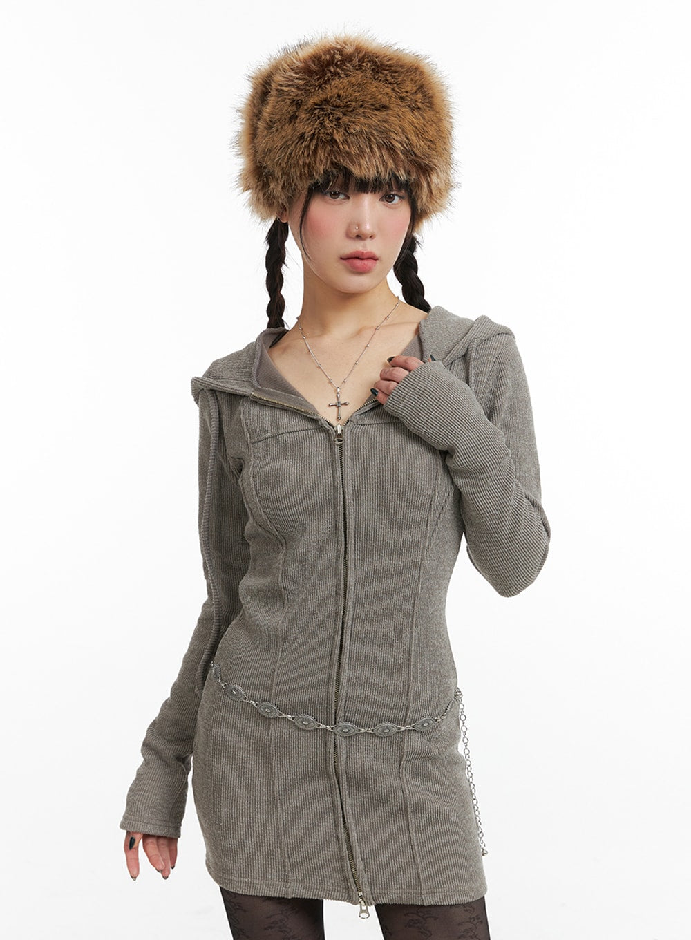 Knit Drawstring Hoodie Mini Dress IJ411 - Light Gray S/M Knit Drawstring Hoodie Mini Dress IJ411 - Light Gray S/M