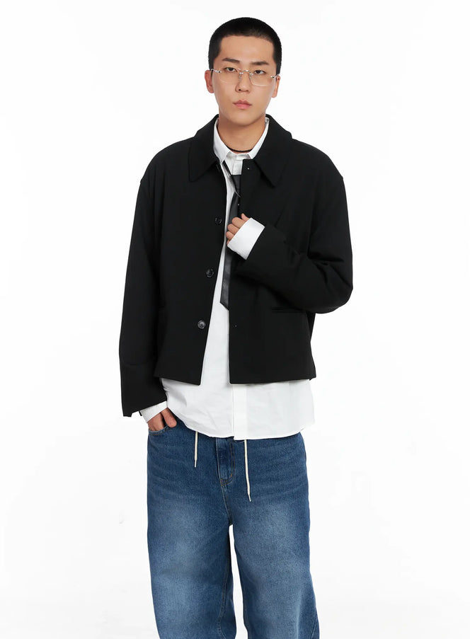 Men's Cropped Button-Up Jacket IS502 in Black, size M/L