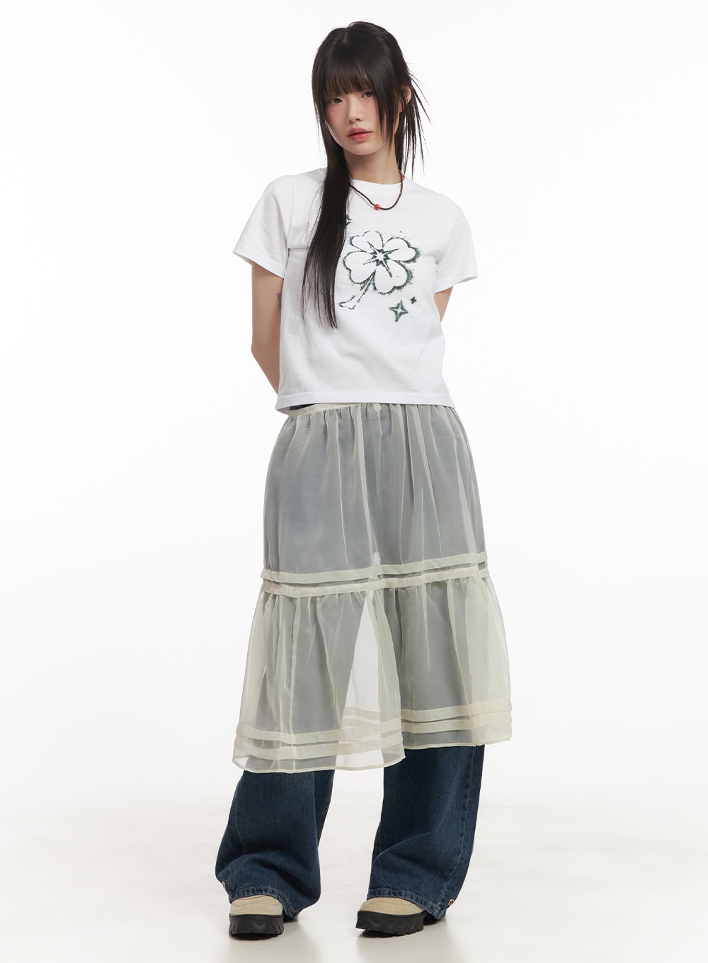 Bri Oversized Buttoned Baggy Jeans CF518 in dark blue, full-length front on model, styled under sheer organza midi skirt with white graphic tee and bead necklace.