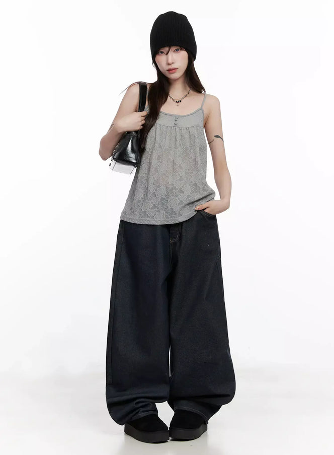 Floral Lace Camisole IN503 in grey, full-length front on model standing, sleeveless floral lace cami worn solo, paired with oversized dark wide-leg jeans and black beanie.