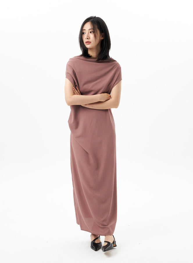 Cowl Neck Maxi Dress OU314 in dark pink, front view on model with arms crossed, softly draped cowl neck, relaxed cap-sleeve effect, long A-line skirt, styled with black slingback flats.