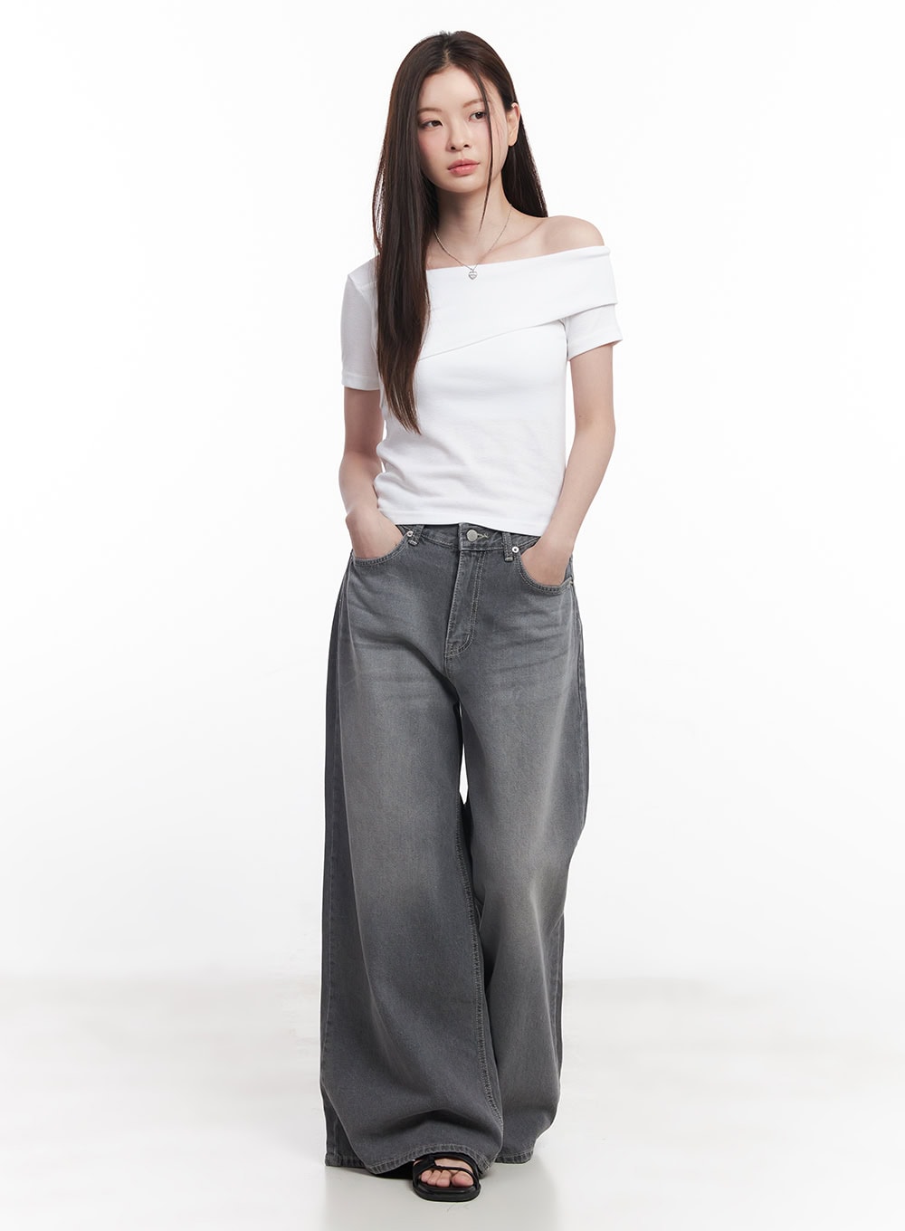 Beatriz Washed Wide-Leg Jeans CY519 in gray, full-body front shot on model, ultra-wide leg washed denim, styled with white off-shoulder top and black sandals.