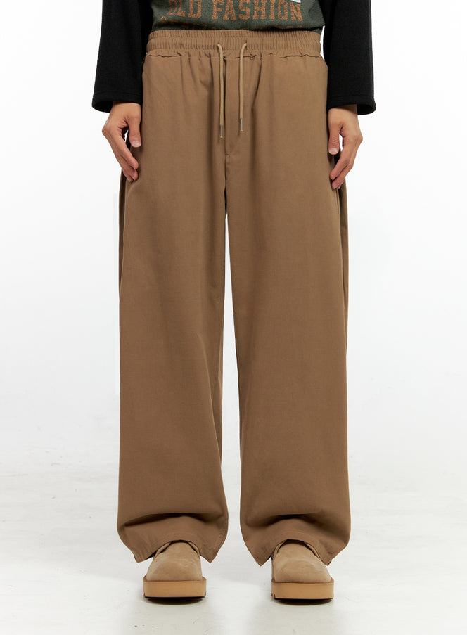 Men's Solid Pintuck Wide-Leg Trousers IN411 in Beige, size M/L