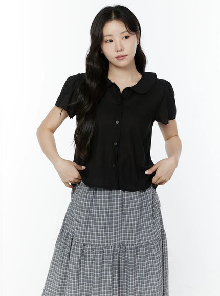 puff-sleeve-round-collar-blouse-iy507 / Black