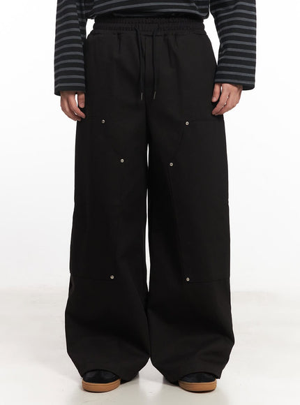 mens-stud-cotton-wide-leg-pants-im528 / Black