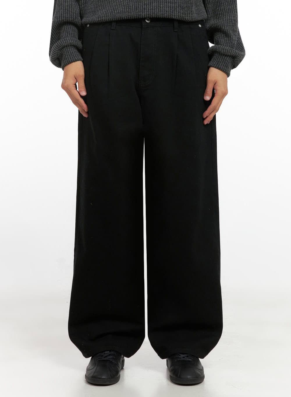 mens-pintuck-wide-leg-cotton-pants-black-id413 / Black