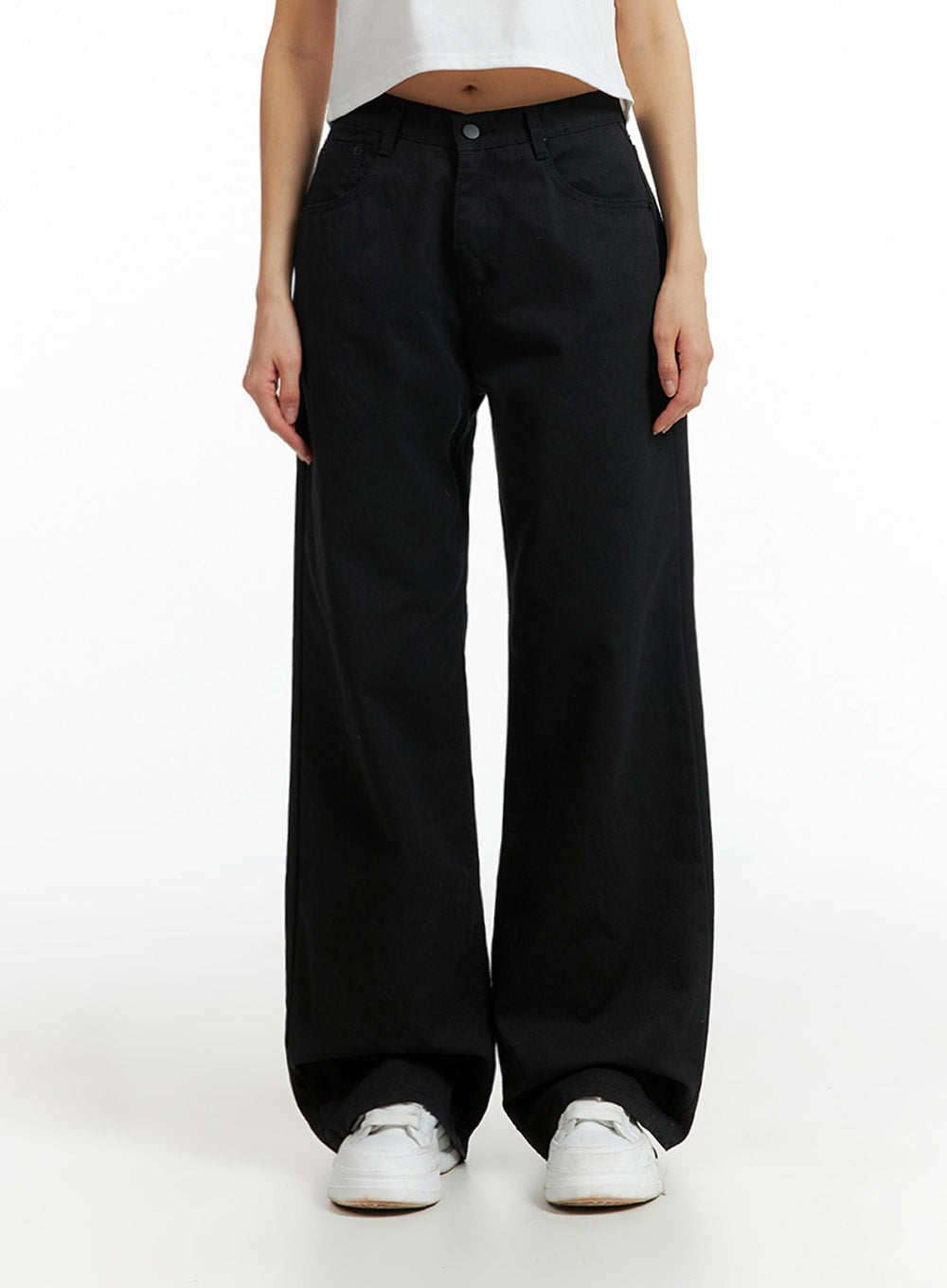 solid-cotton-wide-leg-pants-if402 / Black