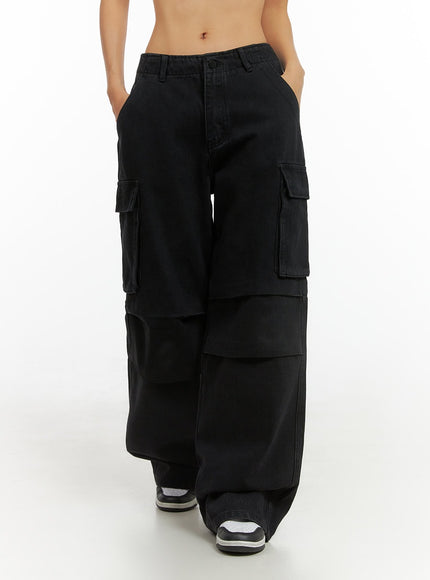 basic-cargo-wide-leg-pants-is402 / Black
