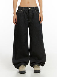 clover-stitched-baggy-jeans-is402 / Black