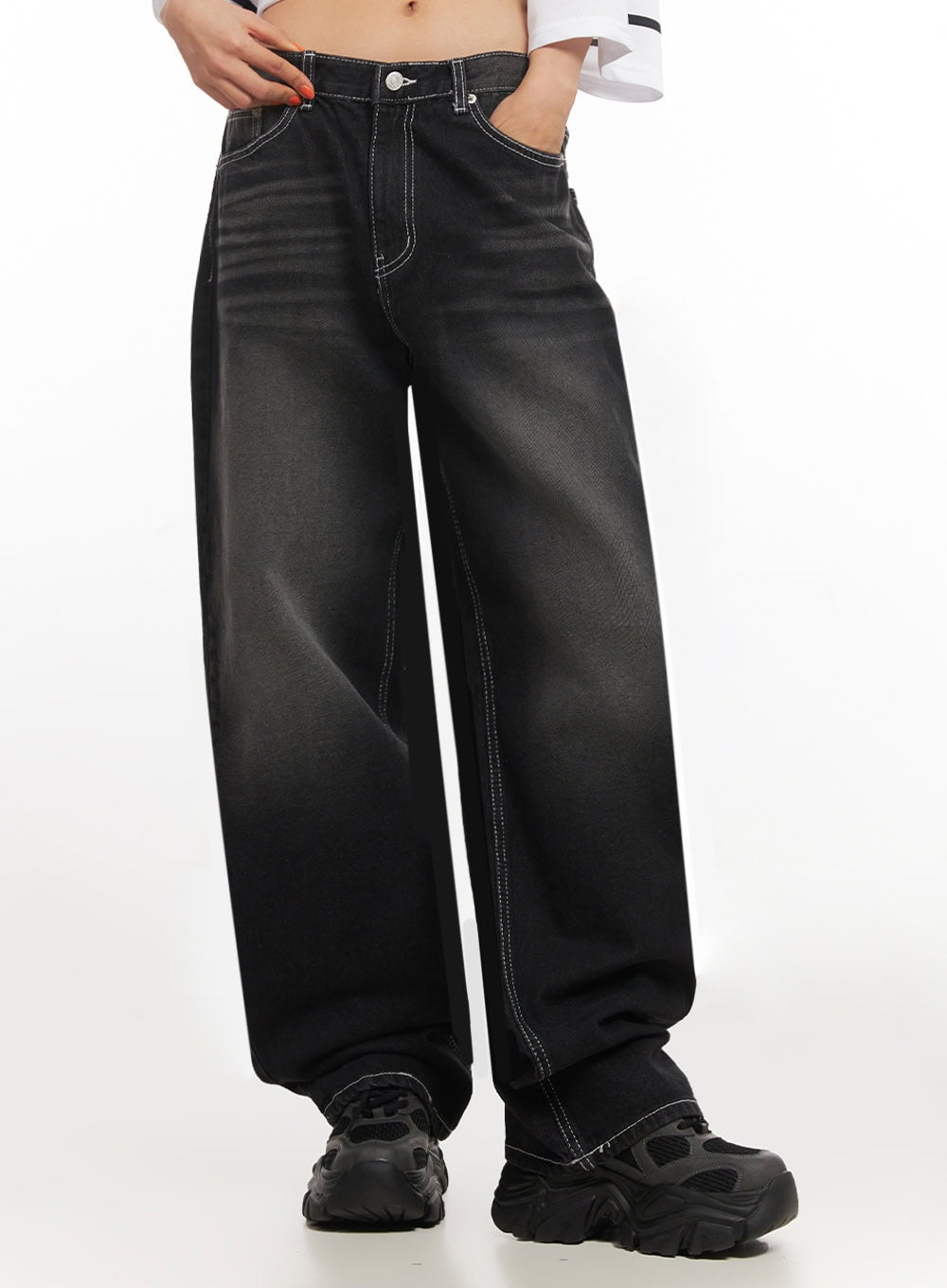 Alexis Stitched Wide-Leg Jeans IA504 in Black, size 3XL