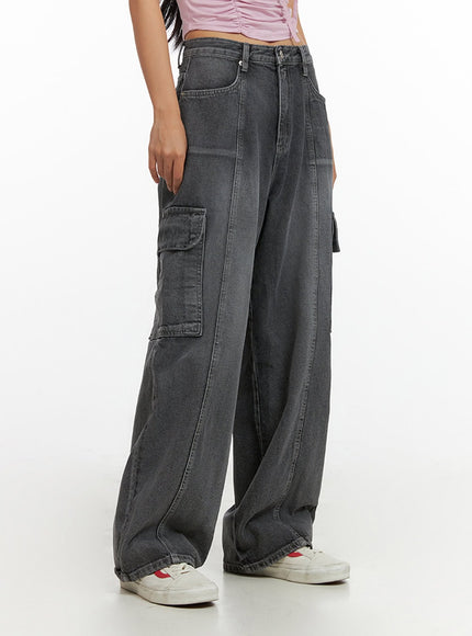 washed-wide-leg-cargo-jeans-iy422 / Black