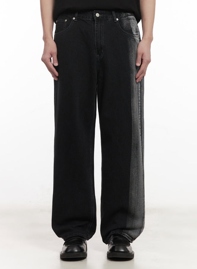 mens-washed-two-tone-straight-leg-jeans-black-im519 / Black