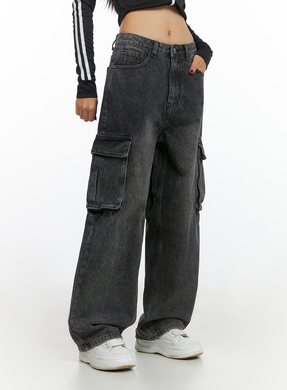 Neve Washed Cargo Denim Jeans IS427 in Black, size 1XL