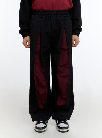 mens-banded-mixed-color-nylon-wide-pants-is413 / Black