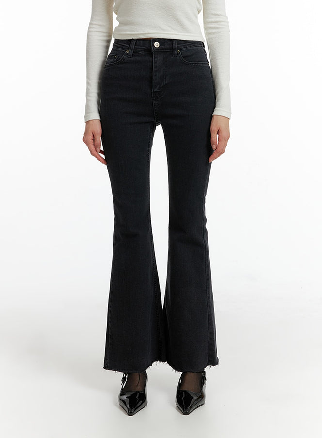 Mid Waist Button Flared Jeans IF402 in Black, size L