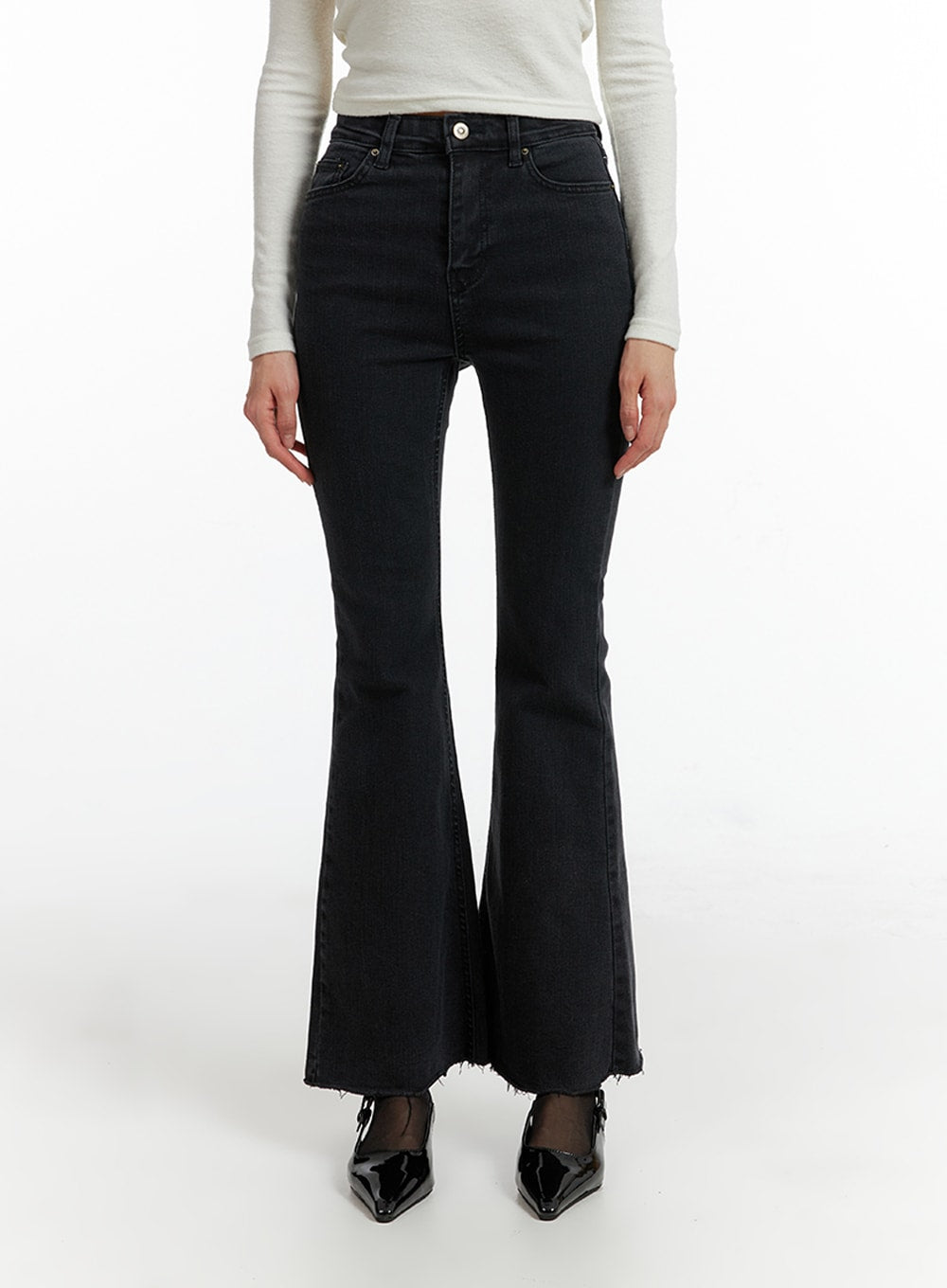 Mid Waist Button Flared Jeans IF402 in Black, size L