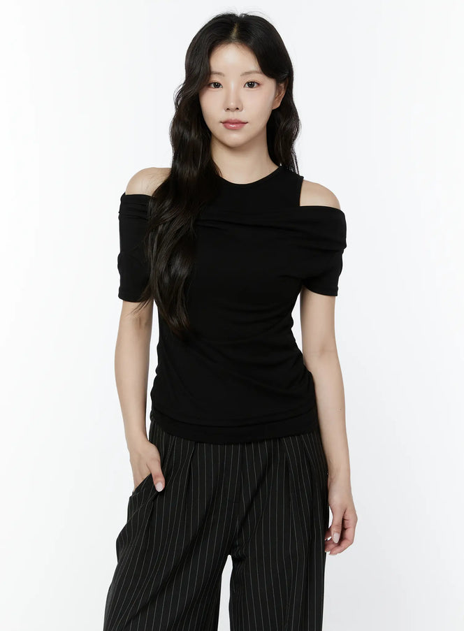 layered-tank-off-shoulder-tee-iy511 / Black
