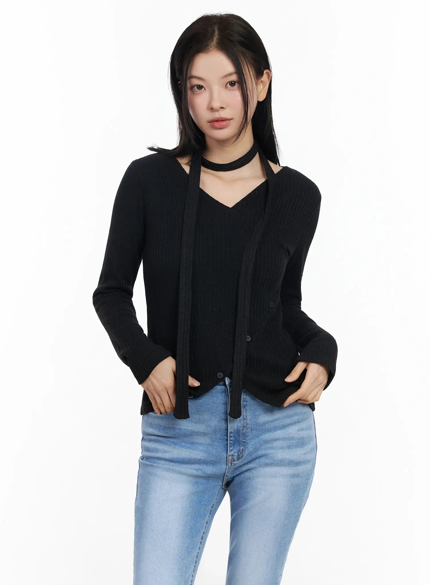 chic-v-neck-ribbed-knit-top-set-im524 / Black