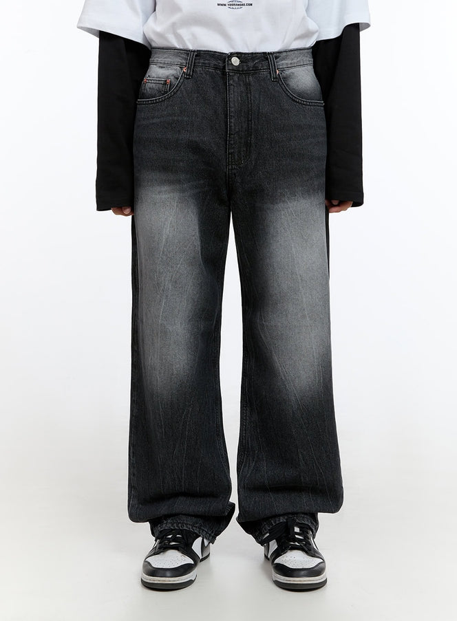 Men's Washed Black Denim Wide Jeans IS413 in Black, size 1XL