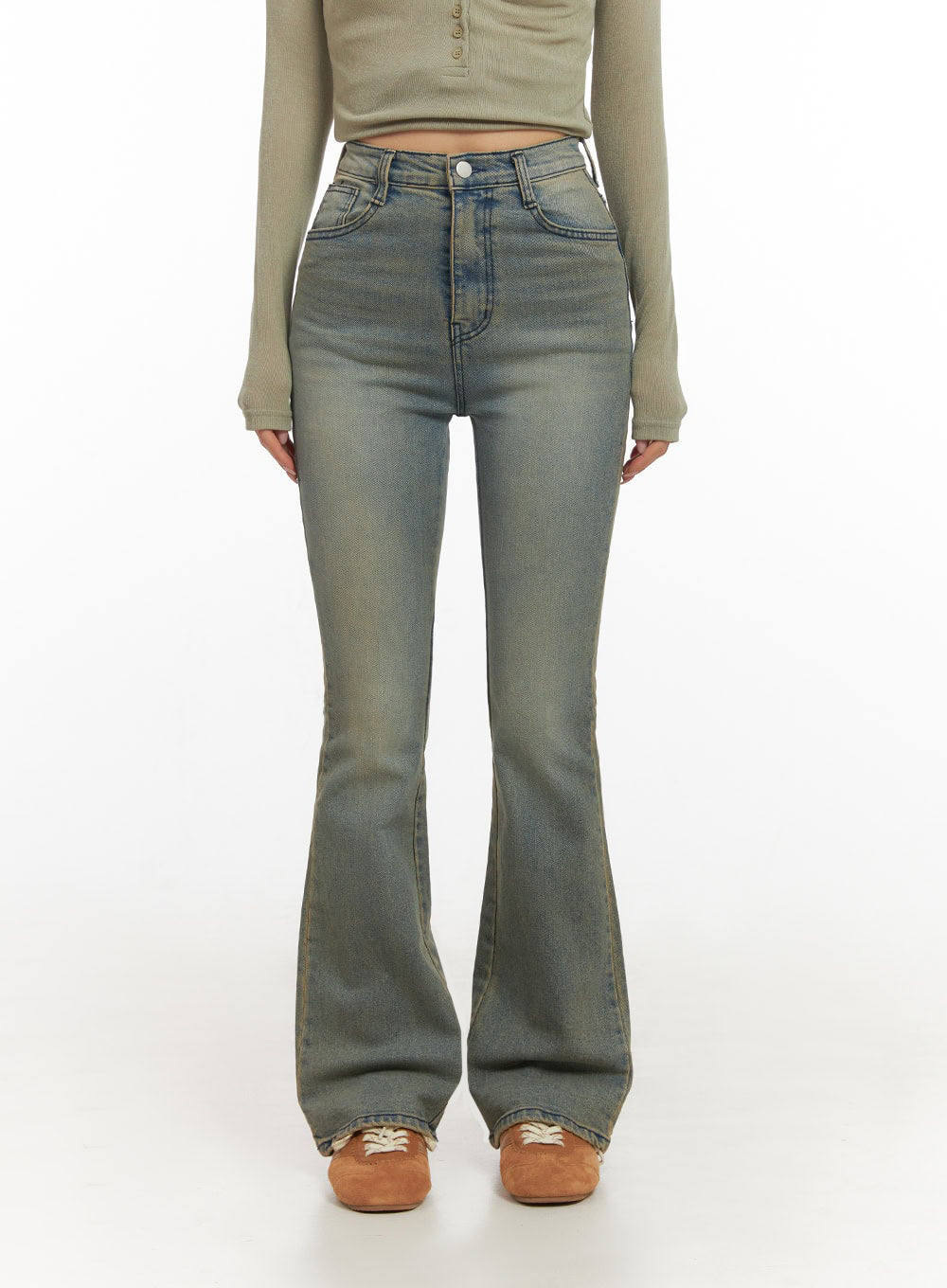 Cathy Washed Slim-Fit Flared Jeans IJ503 in Blue, size 2XL