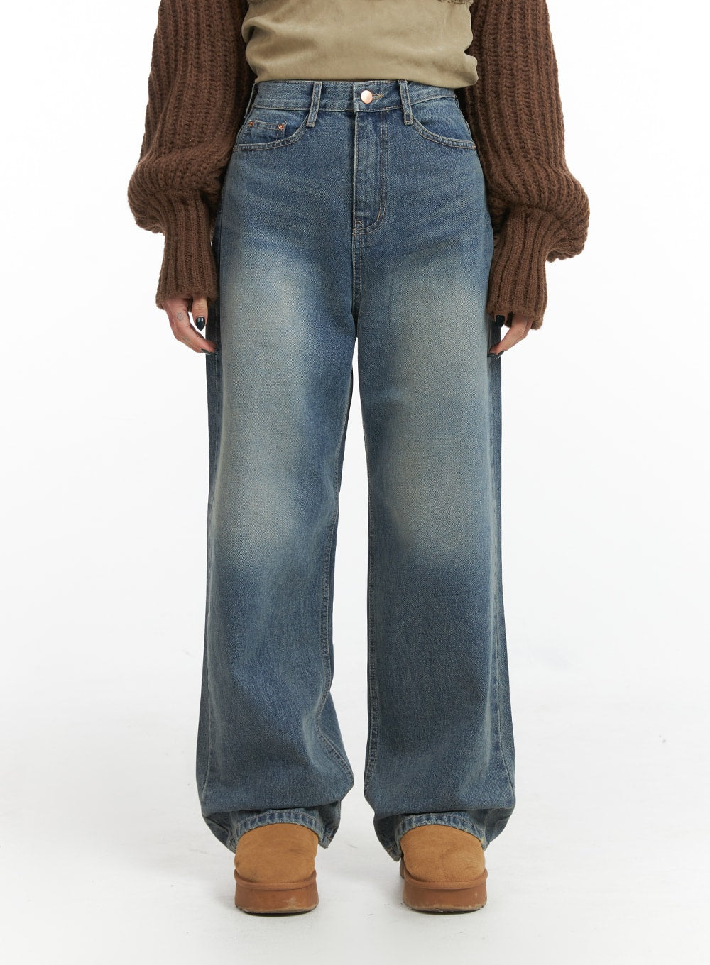 Solid Mid Waist Pocket Straight Leg Jeans IJ411 in Blue, size 1XL