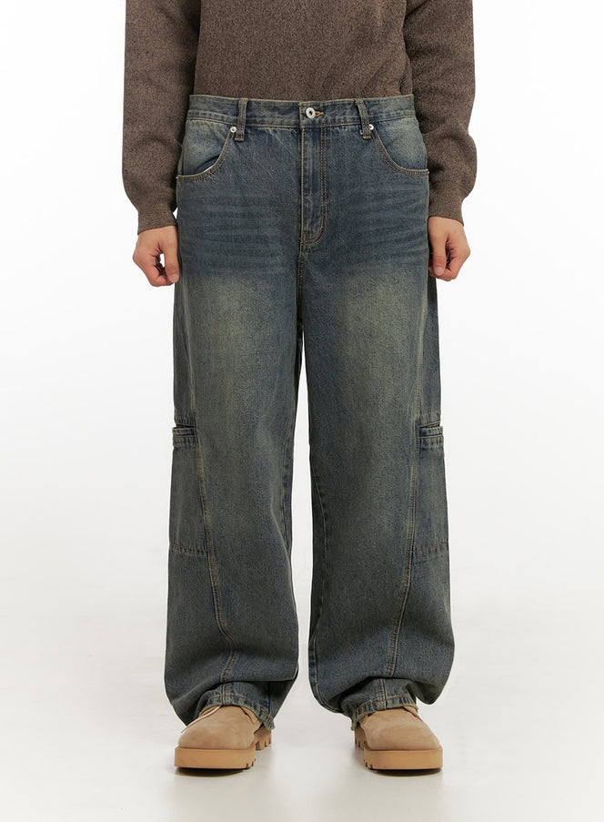 Men's Side Slit Washed Jeans ID406 in Blue, size L