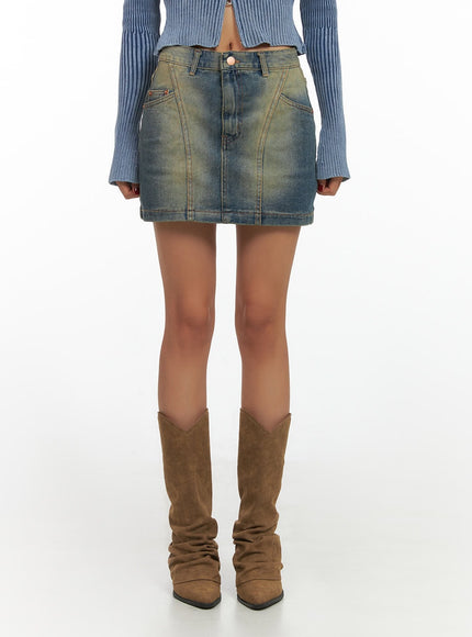 washed-denim-stitch-mini-skirt-is427 / Blue