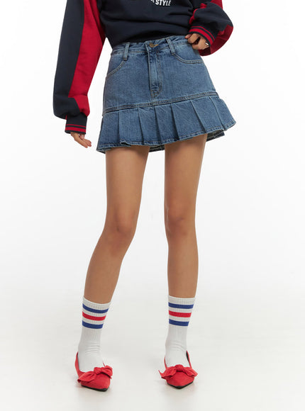 denim-pleated-mini-skirt-io409 / Blue