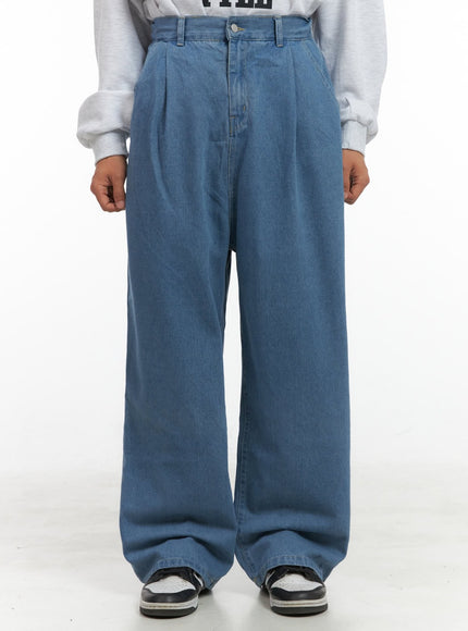 mens-pintuck-wide-fit-cotton-denim-jeans-is419 / Blue