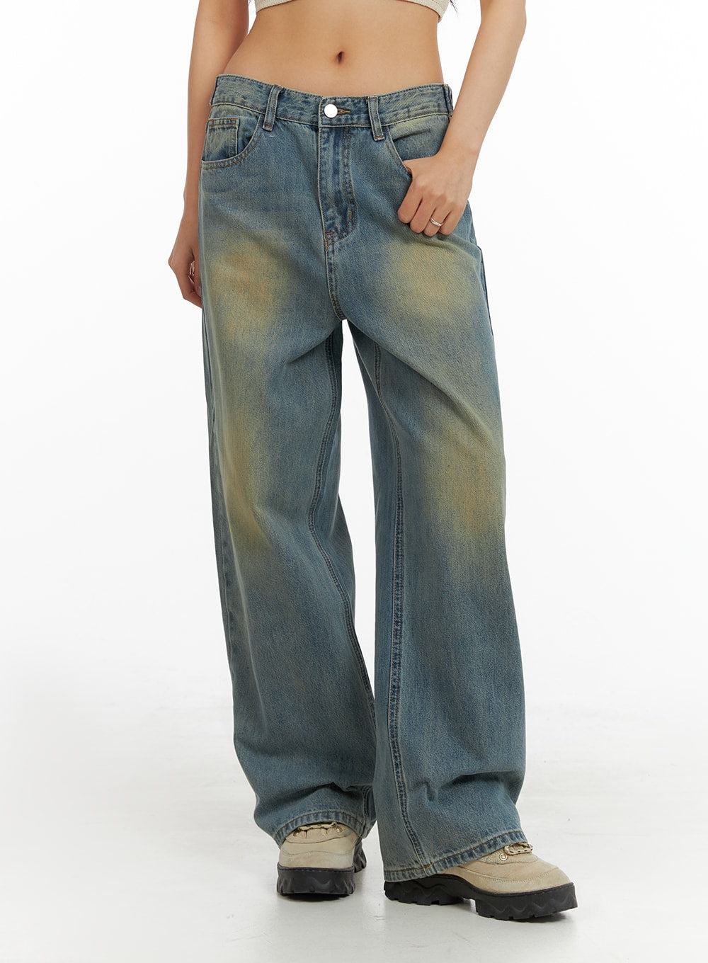 Washed Denim Wide Leg Jeans IA417 in Blue, size L