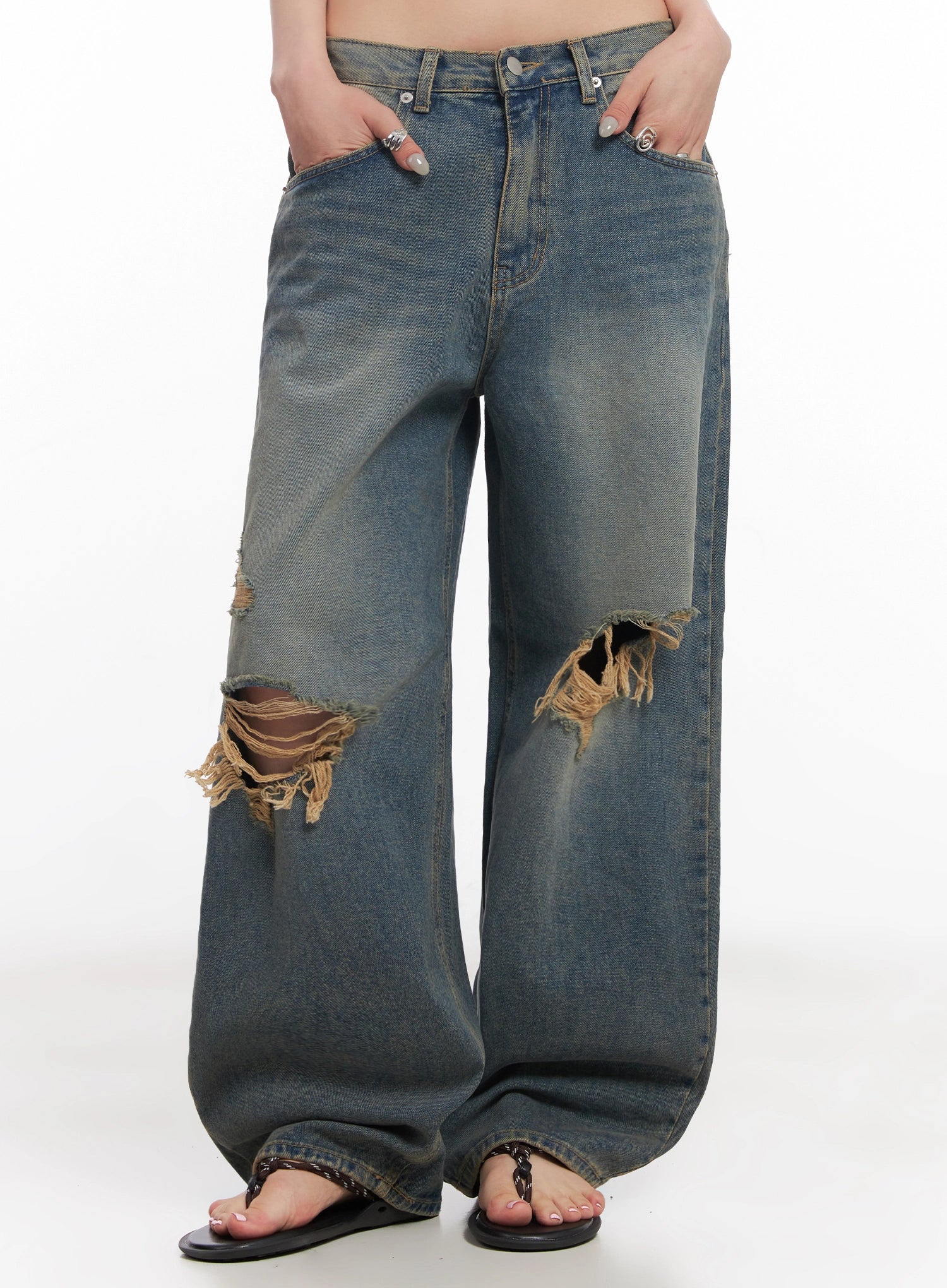 Jeemin Vintage Distressed Wide-Leg Denim Jeans  IC503 in Blue, size 3XL