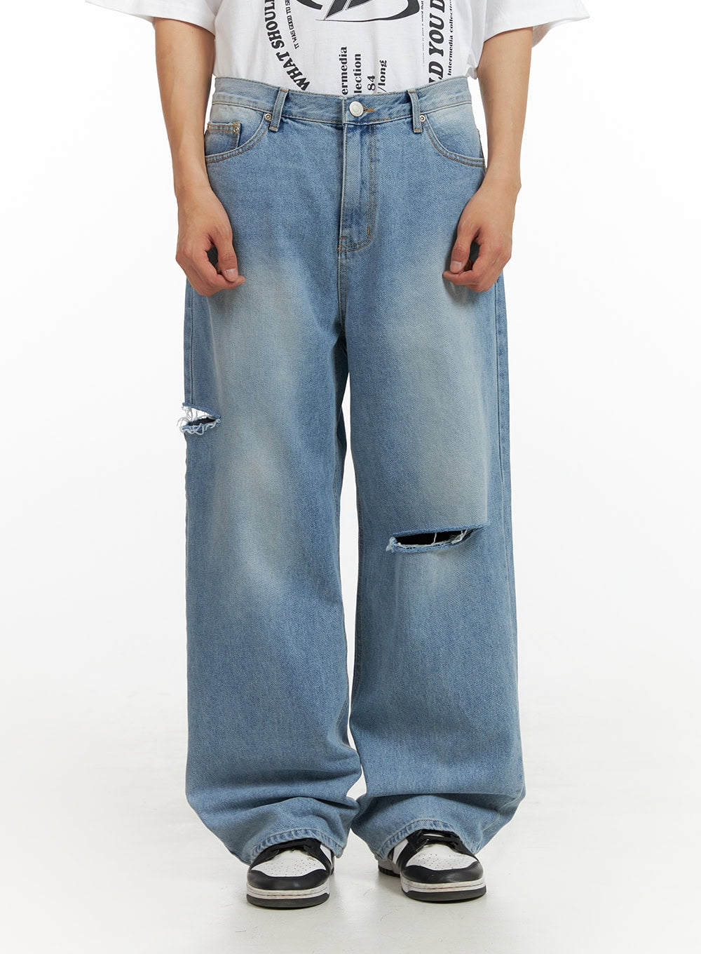 Men's Cut Out Baggy Jeans IU419 in Blue, size 2XL