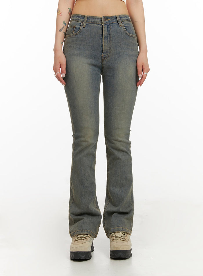slim-fit-washed-denim-bootcut-jeans-iy410 / Blue