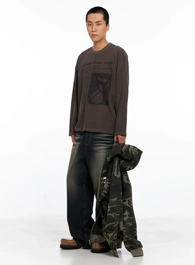 Men's Edgy Graphic Long Sleeve Tee IS509 in Brown, size M/L