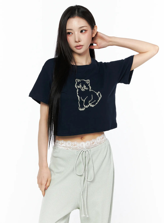 Graphic Print Crop Tee CU511 in Dark blue, size S/M