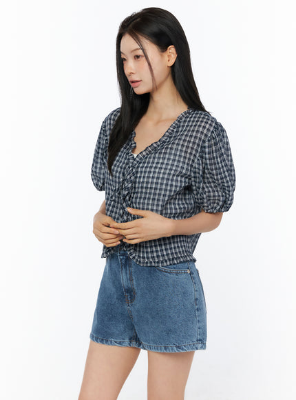 plaid-ribbon-tie-short-sleeve-cardigan-blouse-iu519 / Dark blue