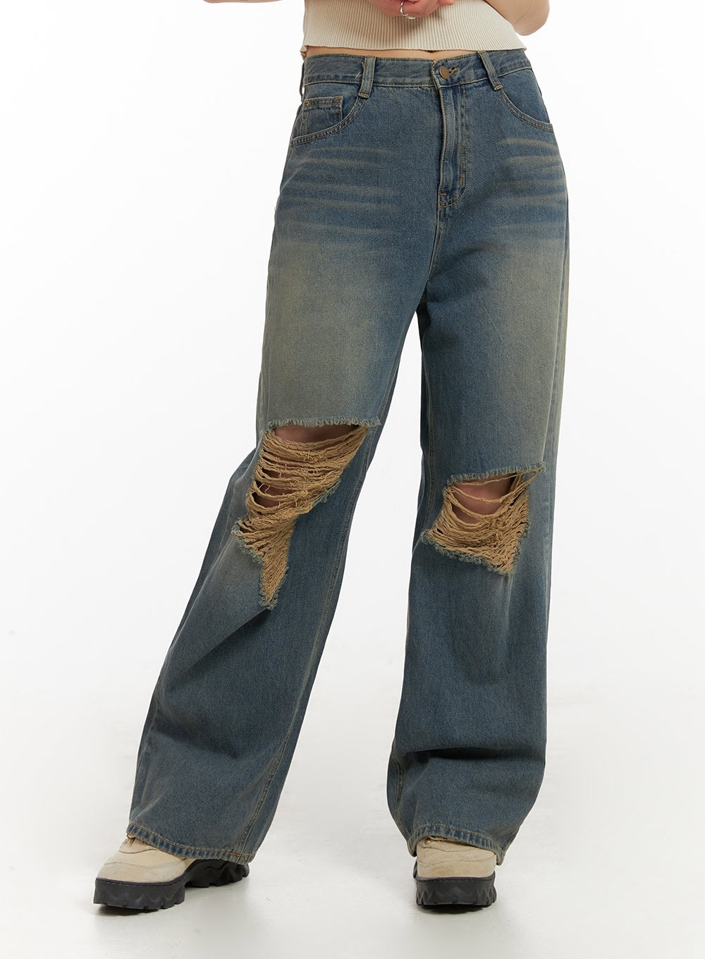 ripped-washing-wide-leg-jeans-iy410 / Dark blue