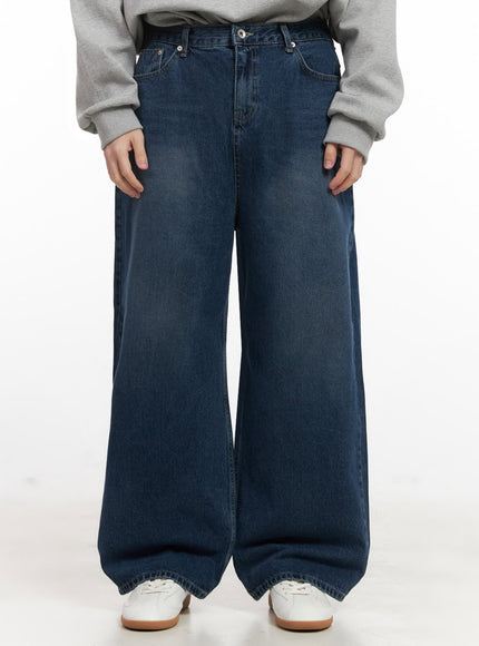 mens-washed-wide-fit-denim-jeans-ij517 / Dark blue