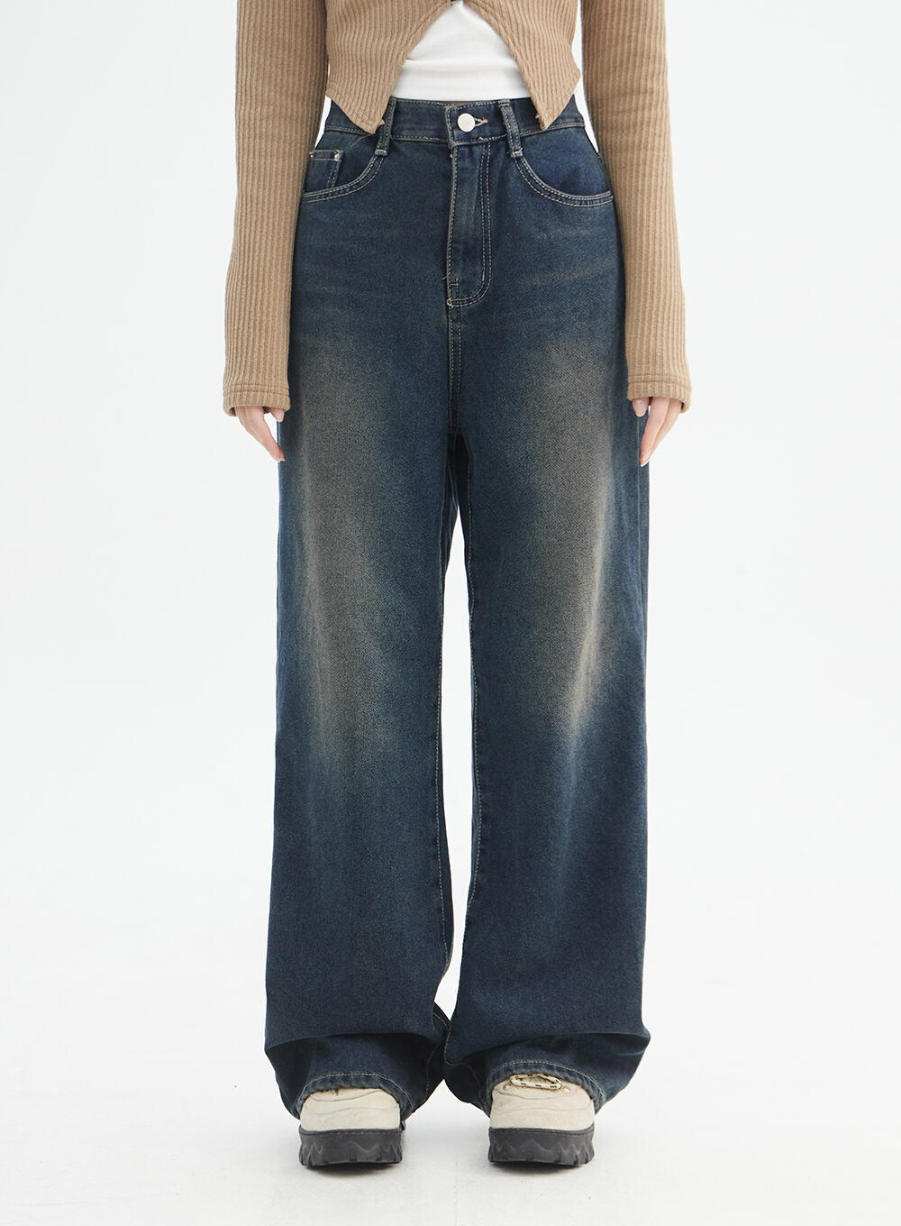 washed-wide-leg-denim-jeans-in328 / Dark blue