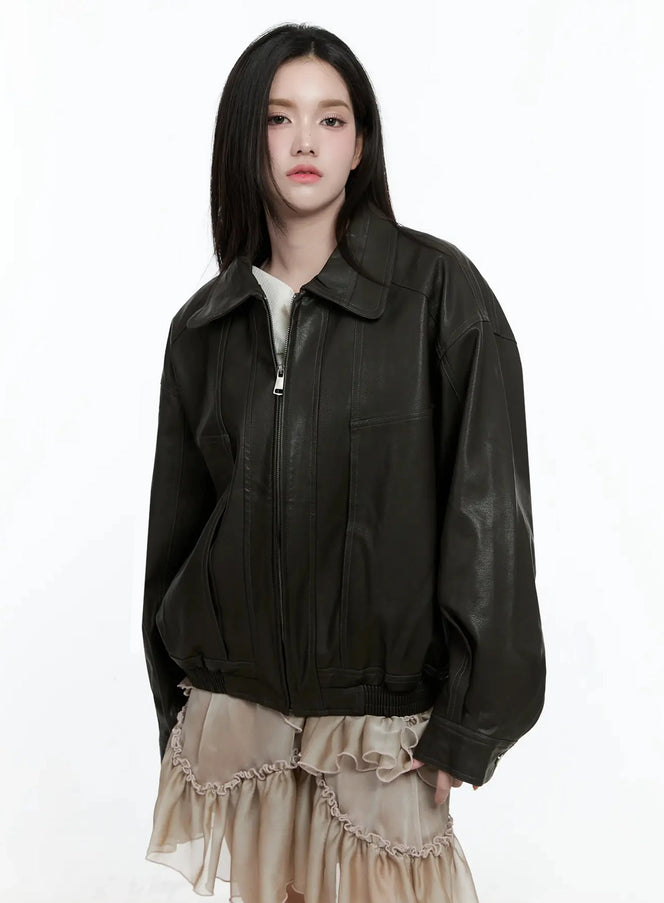 Oversize Zip-Up Faux Leather Jacket OL408 - Korean Women's Fashion Oversize Zip-Up Faux Leather Jacket OL408 - Korean Women's Fashion