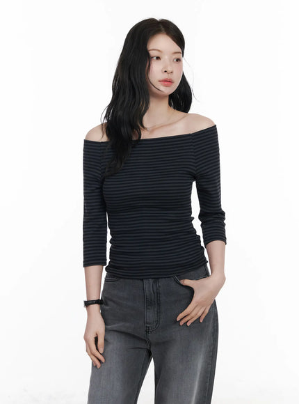 striped-off-shoulder-3-4-sleeve-top-ca510 / Dark gray
